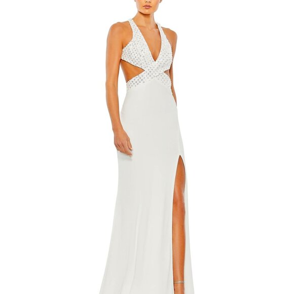 NWT MAC DUGGAL size‎ 6 White SEQUINED CRISS CROSS BODICE GOWN Dress 68166 - Picture 1 of 7